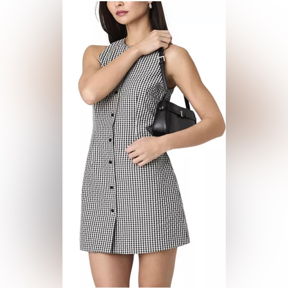 French Connection Black white Gingham‎ button front Mini Dress size large new